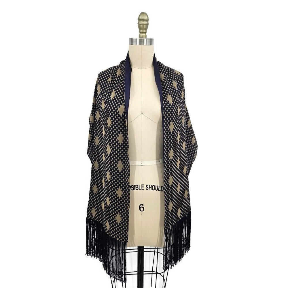 Giorgio Armani Silk Scarf Fringe Navy Blue Beige Shawl 16"x60"